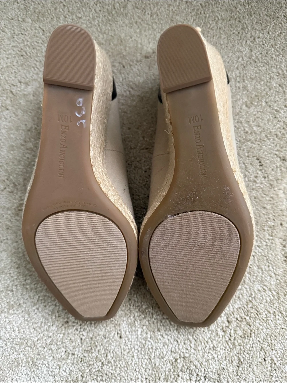 Enzo Angiolini Beige and Black Espadrille Wedge Peep-Toe Pumps
